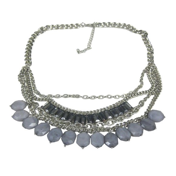 Silvertone Chain Necklace 18 Inch Multi Strand Bib Cluster Beaded Statement - Picture 6 of 8